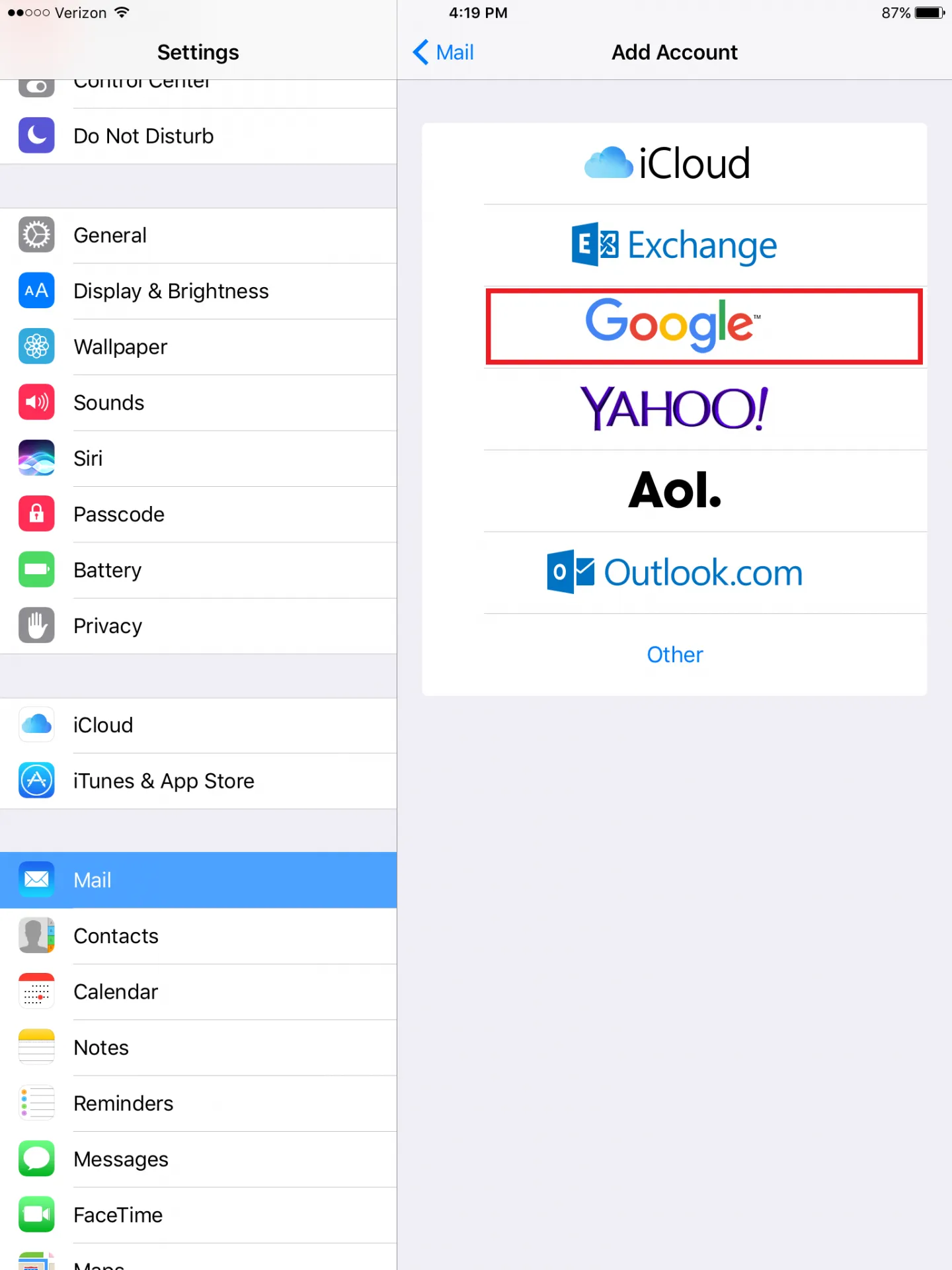 Add Account screen with Google option circled