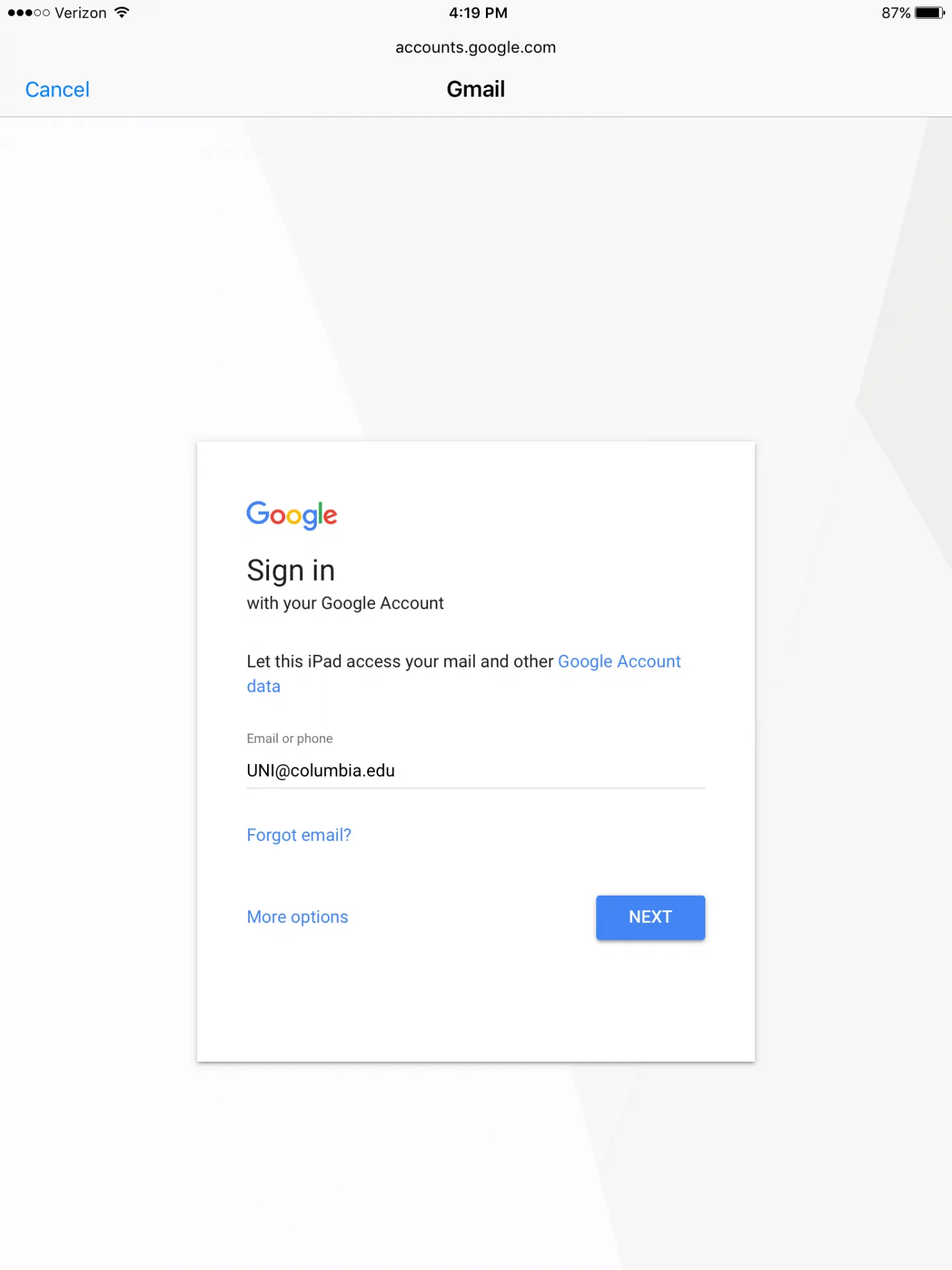 Gmail Sign in screen, with uni@columbia.edu entered in Email or phone field