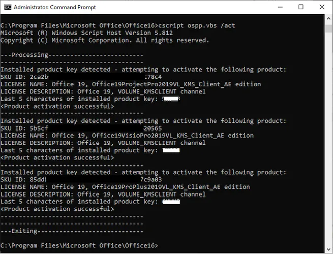 Image of Command Prompt window processing and activating Office