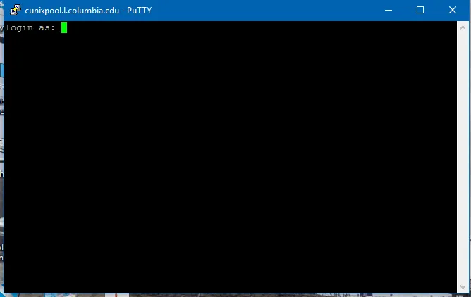 CUNIX login screen with "login as:" prompt. Enter your UNI here and click enter, then enter your CUNIX password.