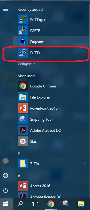 Type "putty" into the Windows' program menu to find the application