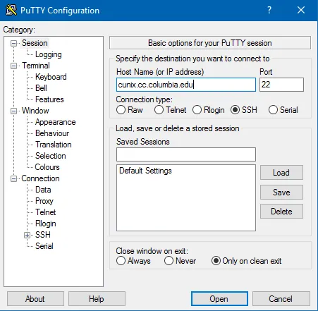 In the PuTTY configuration window, type in cunix.cc.columbia.edu in the Host Name field to connect to CUNIX