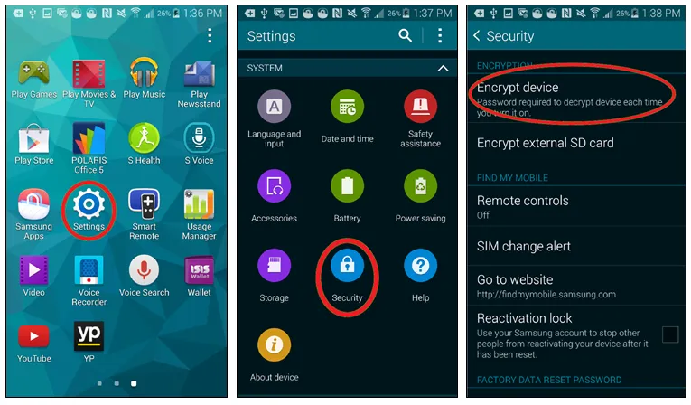 Image of S5 homescreen, Settings circled. Image of Settings screen, Security circled. Security screen, Encrypt device circled