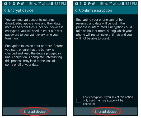 Encrypt device screen, Encrypt device circled. Confirm encryption screen, Encrypt device circled.