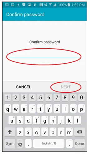 Confirm password screen, Confirm password and Continue button circled