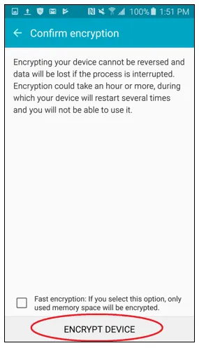 Confirm encryption screen, Encrypt device button circled