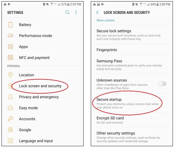 Settings screen, Lock screen and security circled. Lock screen and security screen, secure startup circled.